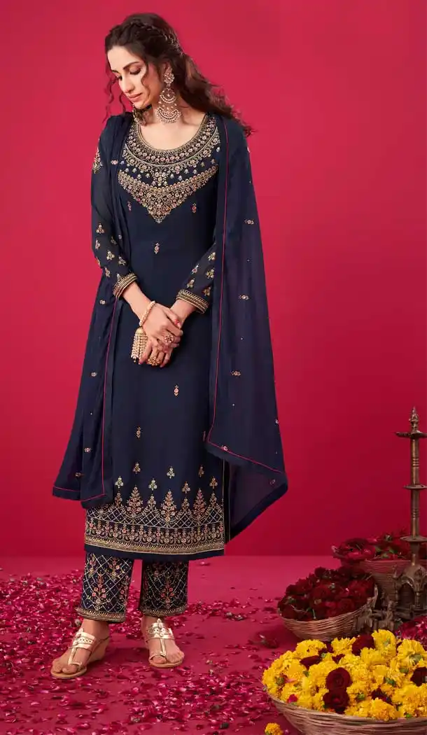 Navy Blue Color Georgette Designer Pakistani Style Salwar Kameez -989126439