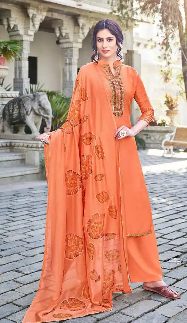 Orange Color Cotton Silk Pakistani Evening Party Wear Palazzo Suit -992126447