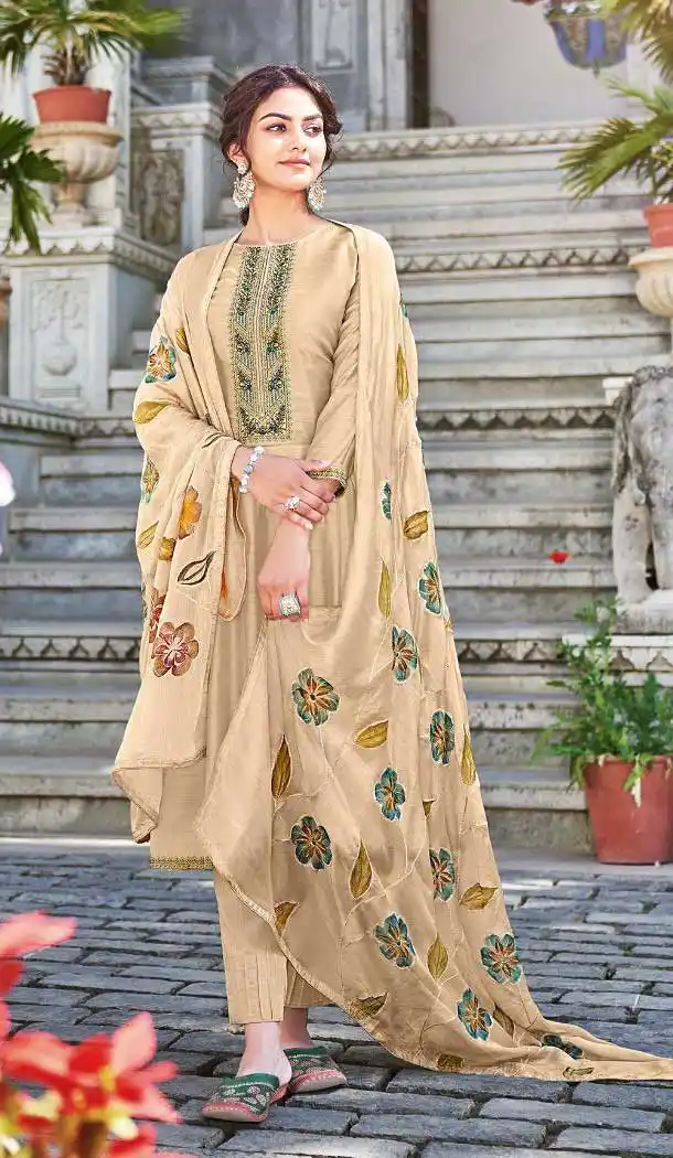 Beige Color Cotton Silk Pakistani Evening Party Wear Palazzo Suit -992126448