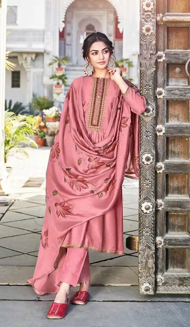 Light Maroon Color Cotton Silk Pakistani Evening Party Wear Palazzo Suit -992126449