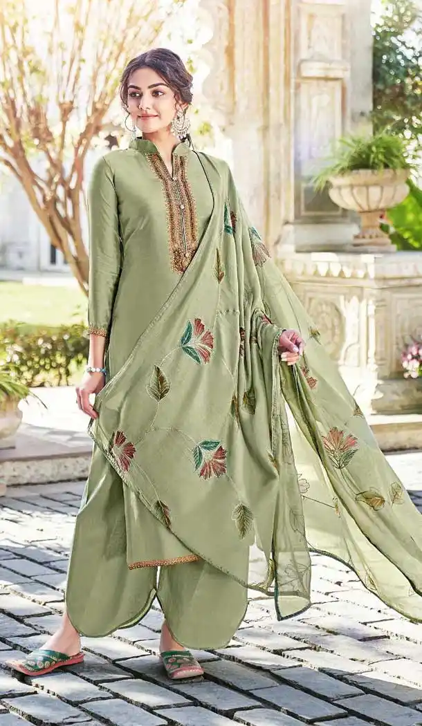 Olive Color Cotton Silk Pakistani Evening Party Wear Palazzo Suit -992126450