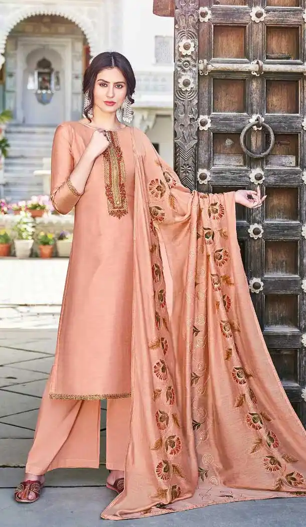 Peach Color Cotton Silk Pakistani Evening Party Wear Palazzo Suit -992126453