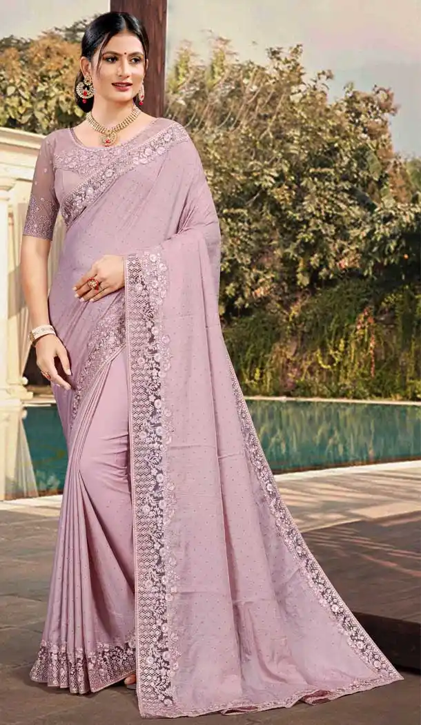 Rose Pink Color Silk Satin Embroidered Designer Party Wear Saree -994126469