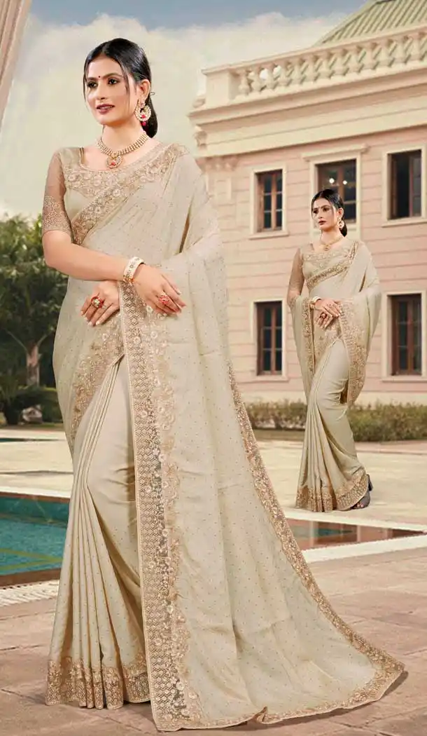 Beige Color Silk Satin Embroidered Designer Party Wear Saree -994126471