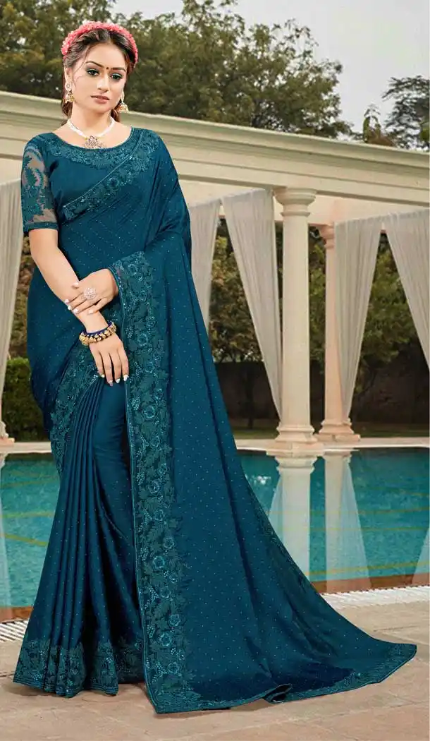Blue Color Silk Satin Embroidered Designer Party Wear Saree -994126473