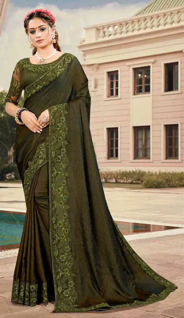 Mehendi Green Color Silk Satin Embroidered Designer Party Wear Saree -994126474