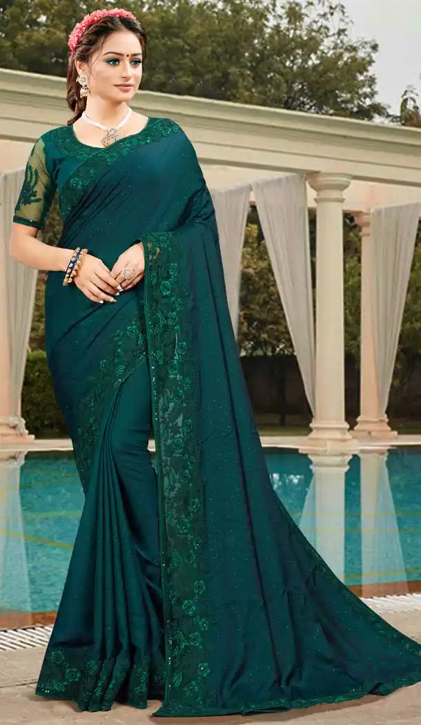 Blue Color Silk Satin Embroidered Designer Party Wear Saree -994126476