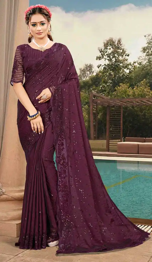 Wine Color Silk Satin Embroidered Designer Party Wear Saree -994126477