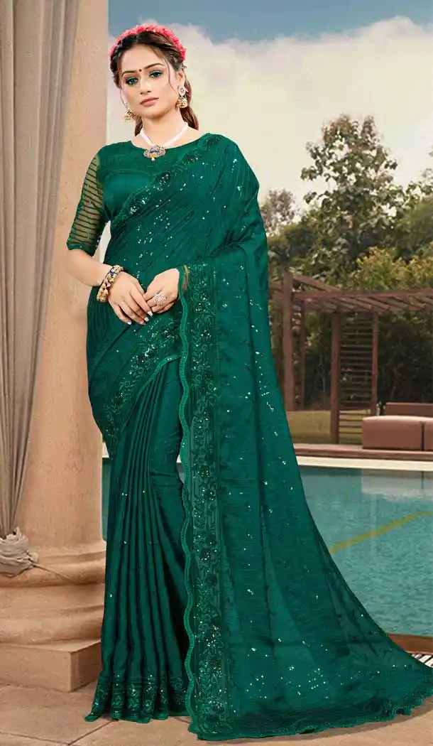 Green Color Silk Satin Embroidered Designer Party Wear Saree -994126478