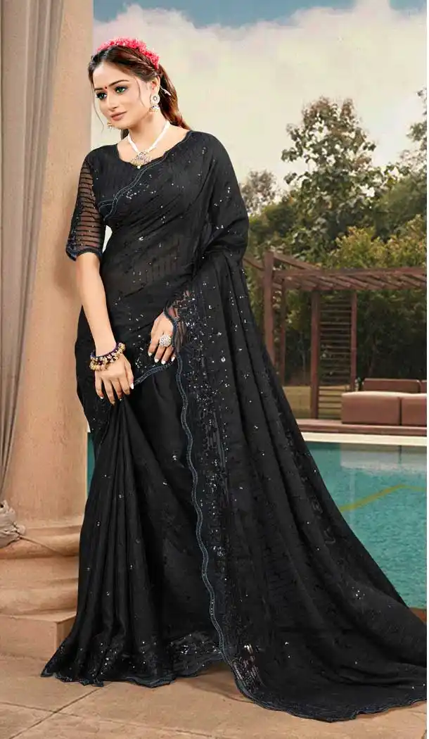 Black Color Silk Satin Embroidered Designer Party Wear Saree -994126479