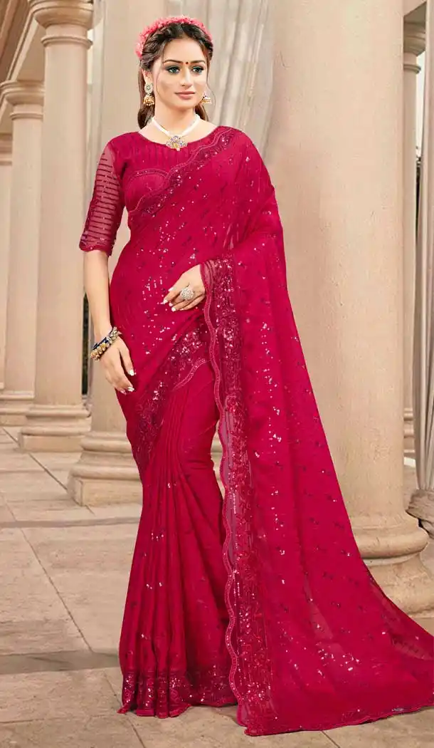 Pink Color Silk Satin Embroidered Designer Party Wear Saree -994126480