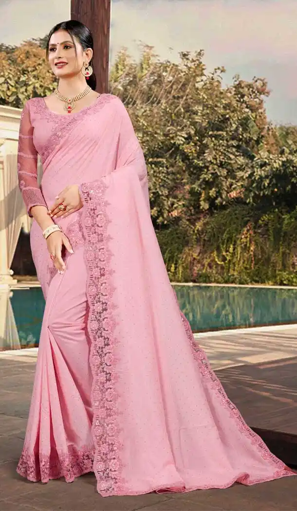 Rose Pink Color Silk Satin Embroidered Designer Party Wear Saree -994126482