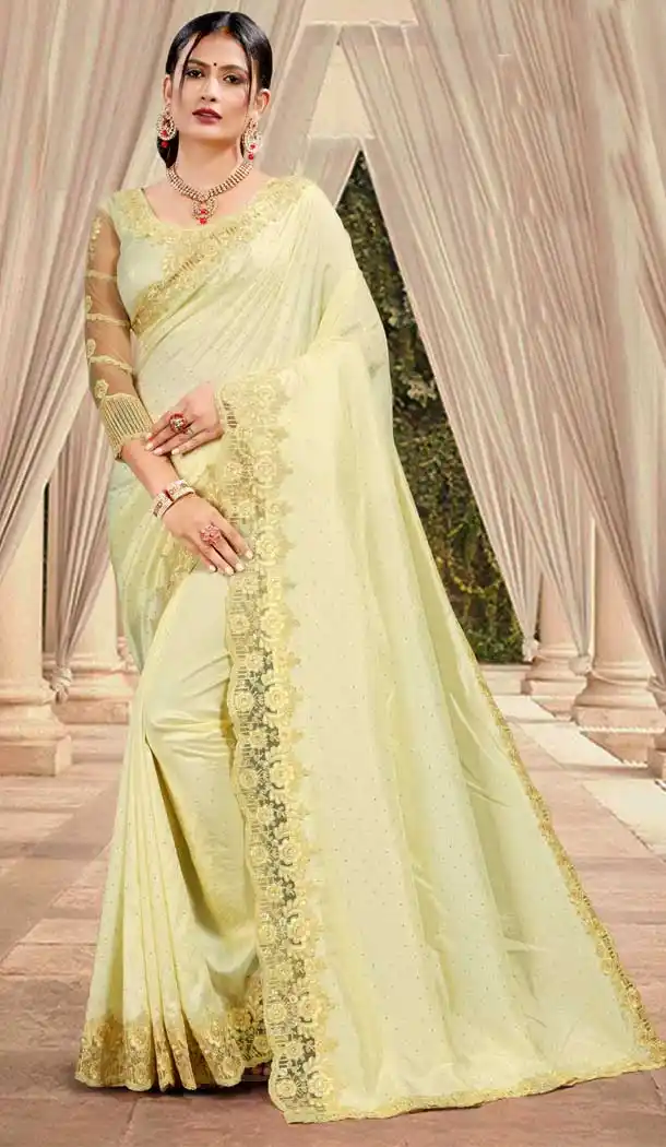Golden Color Silk Satin Embroidered Designer Party Wear Saree -994126483