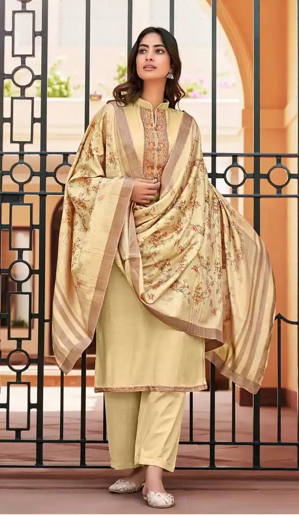 Classy Cream Color Viscose Muslin Pakistani Style Festive Wear Salwar Kameez -1016126608