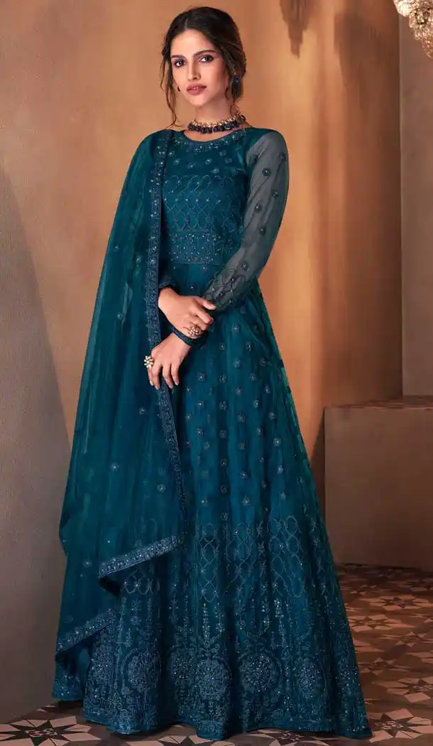 Teal Blue Color Butterfly Net Heavy Designer Aanarkali Long Salwar Suit -1021126638