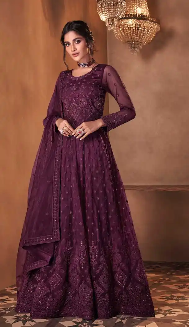 Purple Color Butterfly Net Heavy Designer Aanarkali Long Salwar Suit -1021126639