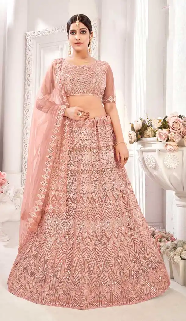 Peach Color Net Fancy Party Wear Designer Chaniya Choli -1023126646