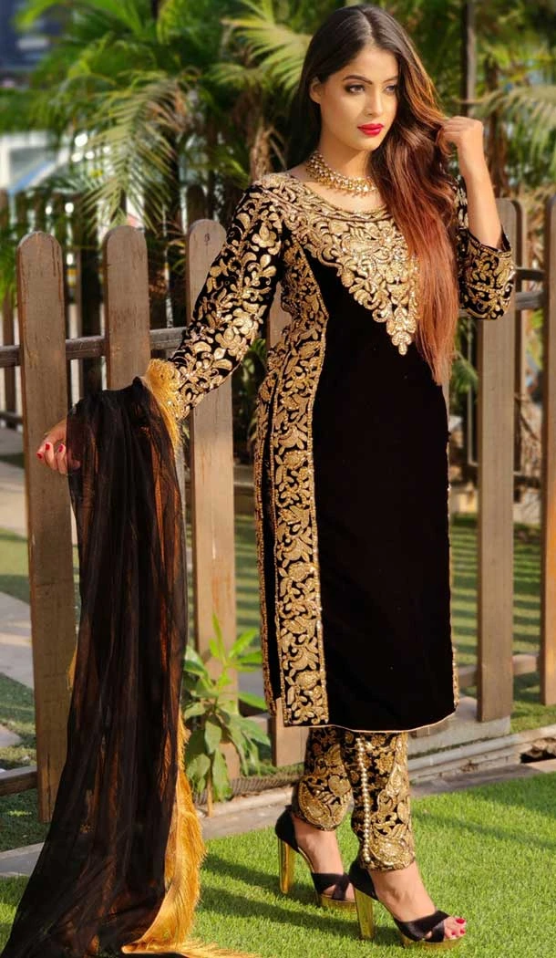 Black Color 9000 Velvet Heavy Designer Pakistani Style Salwar Suit -1024126648