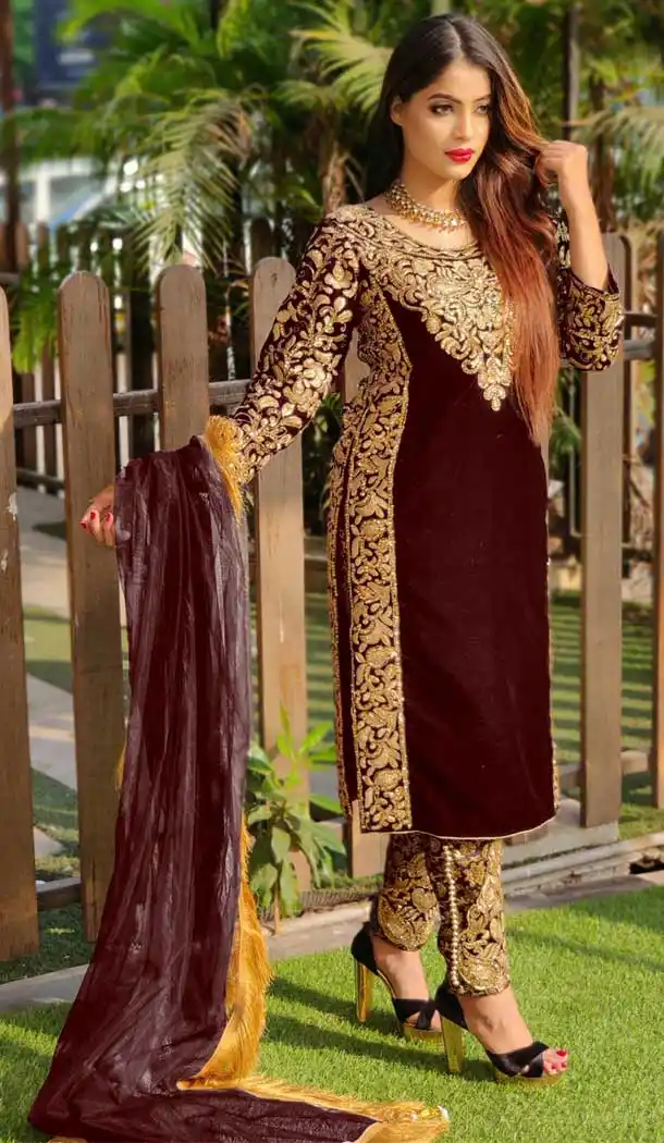 Brown Color 9000 Velvet Heavy Designer Pakistani Style Salwar Suit -1024126649