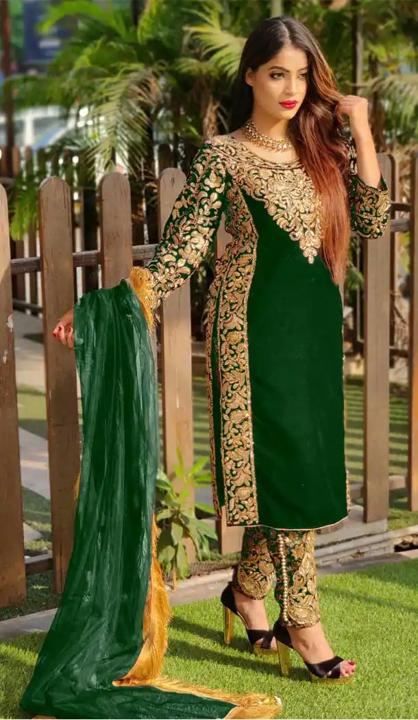 Green Color 9000 Velvet Heavy Designer Pakistani Style Salwar Suit -1024126650