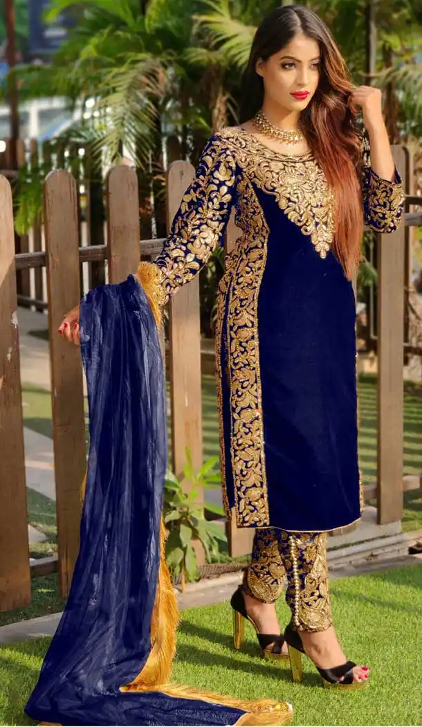Blue Color 9000 Velvet Heavy Designer Pakistani Style Salwar Suit -1024126651