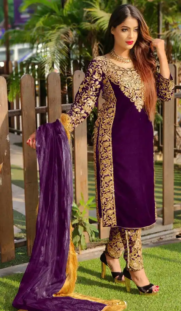 Purple Color 9000 Velvet Heavy Designer Pakistani Style Salwar Suit -1024126652