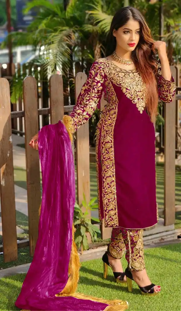 Rani Pink Color 9000 Velvet Heavy Designer Pakistani Style Salwar Suit -1024126653