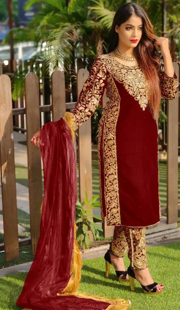 Maroon Color 9000 Velvet Heavy Designer Pakistani Style Salwar Suit -1024126654