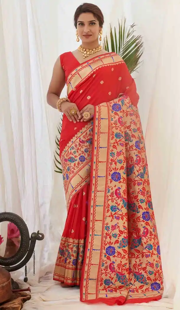 Red Color Pure Silk Paithani Traditional Wear Saree Blouse -1025126656