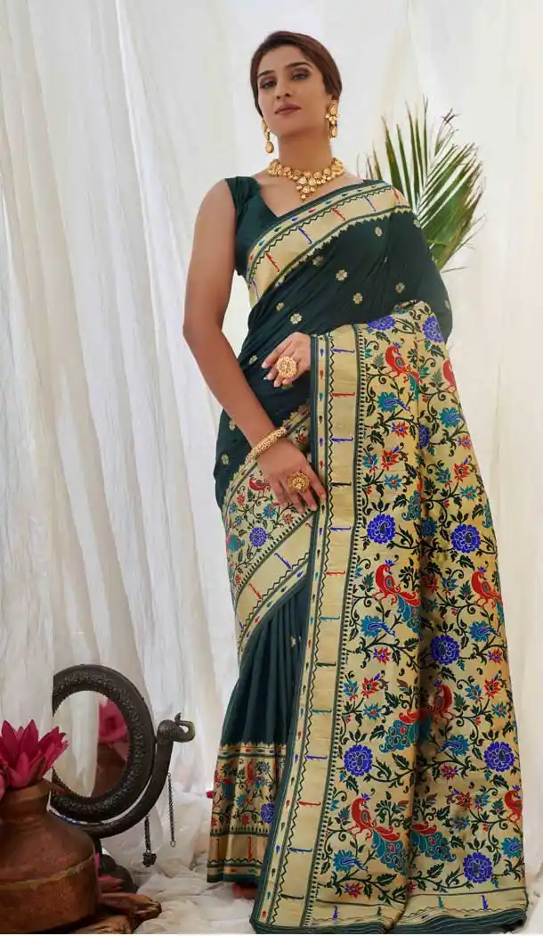 Dark Rama Color Pure Silk Paithani Traditional Wear Saree Blouse -1025126657