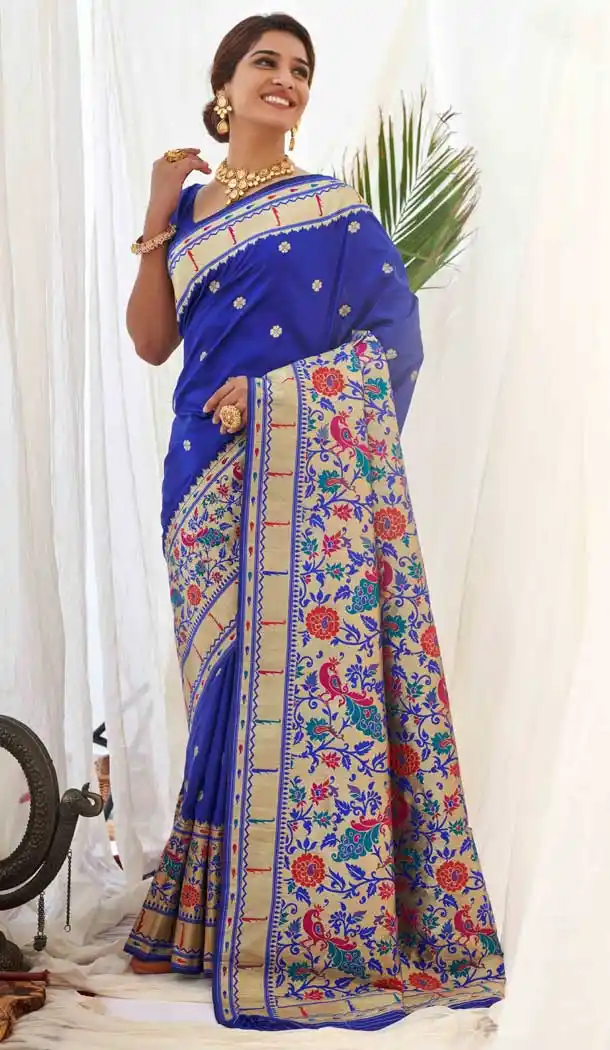Blue Color Pure Silk Paithani Traditional Wear Saree Blouse -1025126658