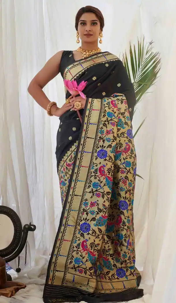 Black Color Pure Silk Paithani Traditional Wear Saree Blouse -1025126660