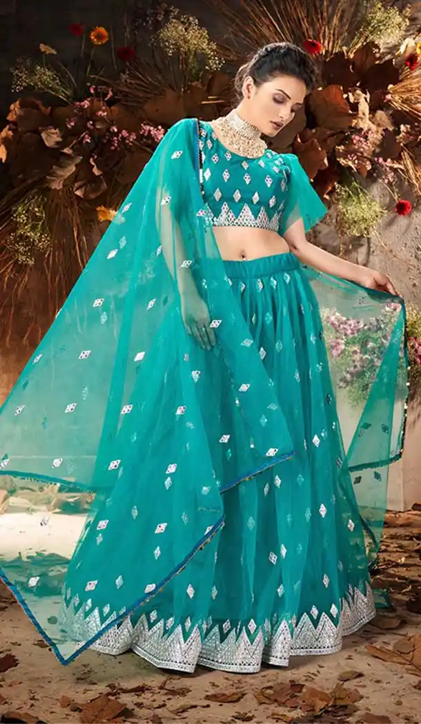 Sky Blue Color Soft Net Heavy Designer Party Wear Lehenga Choli -1027126670