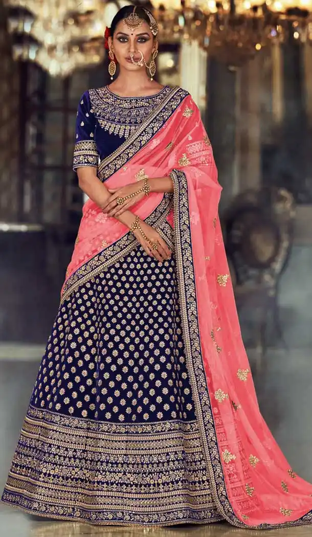 Blue Color Velvet Heavy Designer Bridal Wedding Wear Lehenga Choli -1028126673