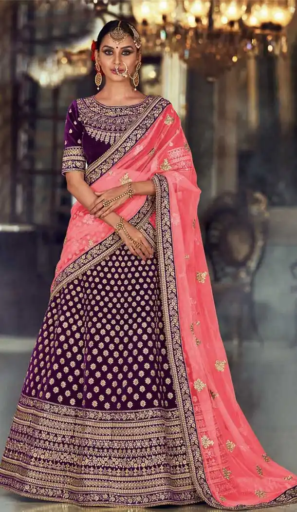 Wine Color Velvet Heavy Designer Bridal Wedding Wear Lehenga Choli -1028126675