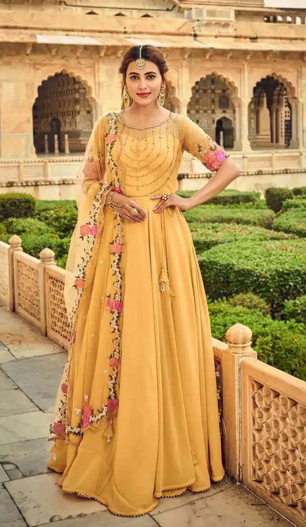 Yellow Color Pure Georgette Heavy Designer Party Wear Aanarkali Suit -1032126695