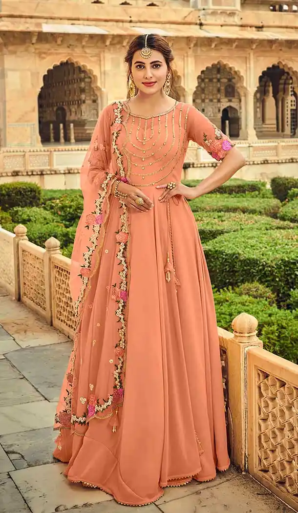 Peach Color Pure Georgette Heavy Designer Party Wear Aanarkali Suit -1032126697