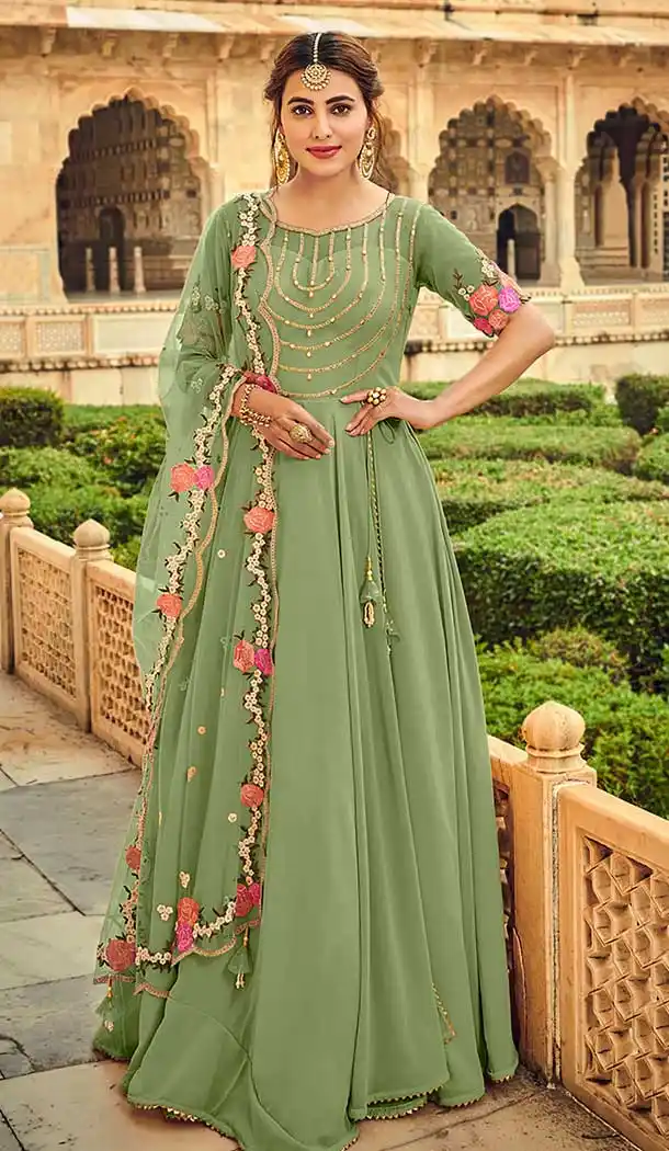 Sea Green Color Pure Georgette Heavy Designer Party Wear Aanarkali Suit -1032126698