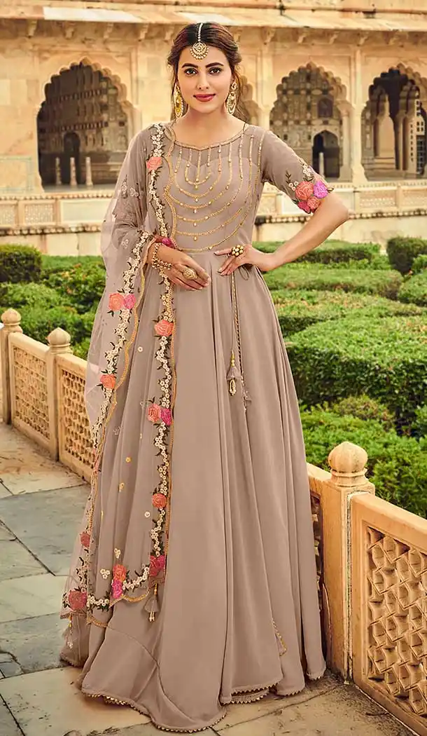Beige Color Pure Georgette Heavy Designer Party Wear Aanarkali Suit -1032126699