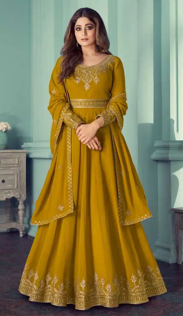 Musterd Color Georgette Designer Party Wear Long Aanarkali Salwar Suit -1043126796