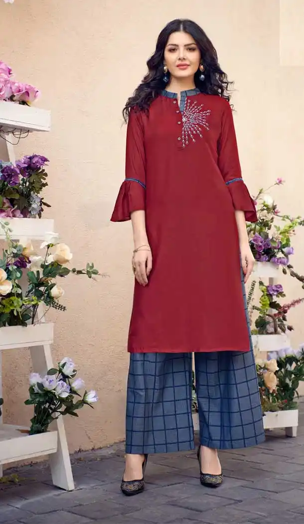 Maroon Color Cotton Slub Designer Casual Wear Readymade Kurti -1049126864