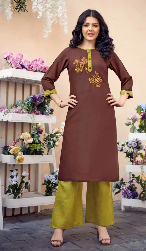 Brown Color Cotton Slub Designer Casual Wear Readymade Kurti -1049126865