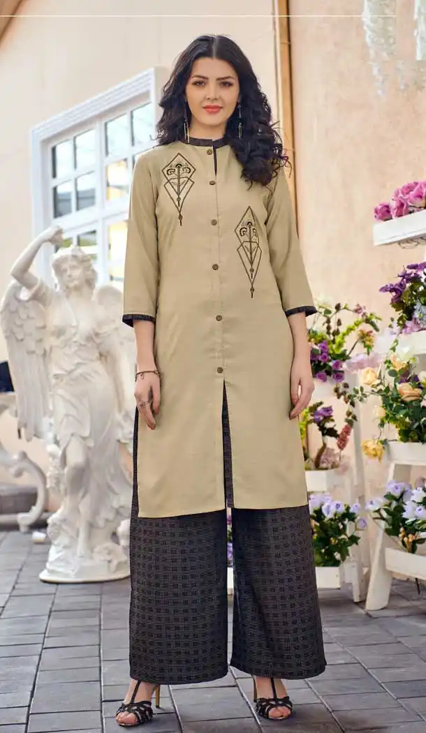 Beige Color Cotton Slub Designer Casual Wear Readymade Kurti -1049126870