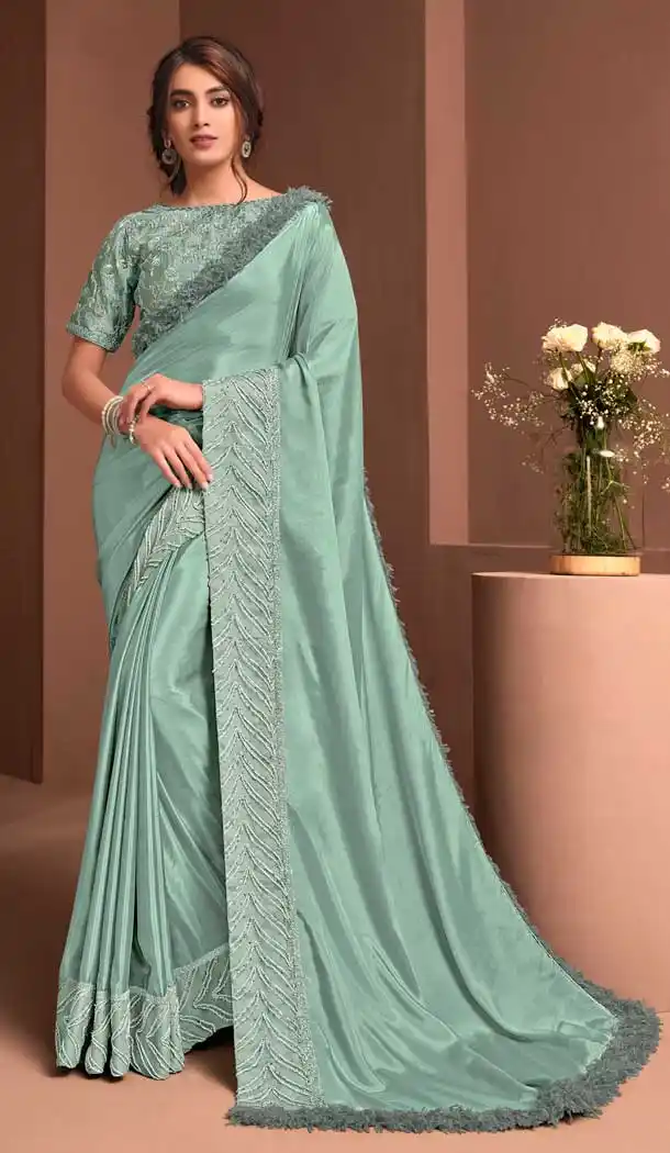 Sea Green Color Silk Georgette Embroidered Party Wear Saree Blouse -1064126984