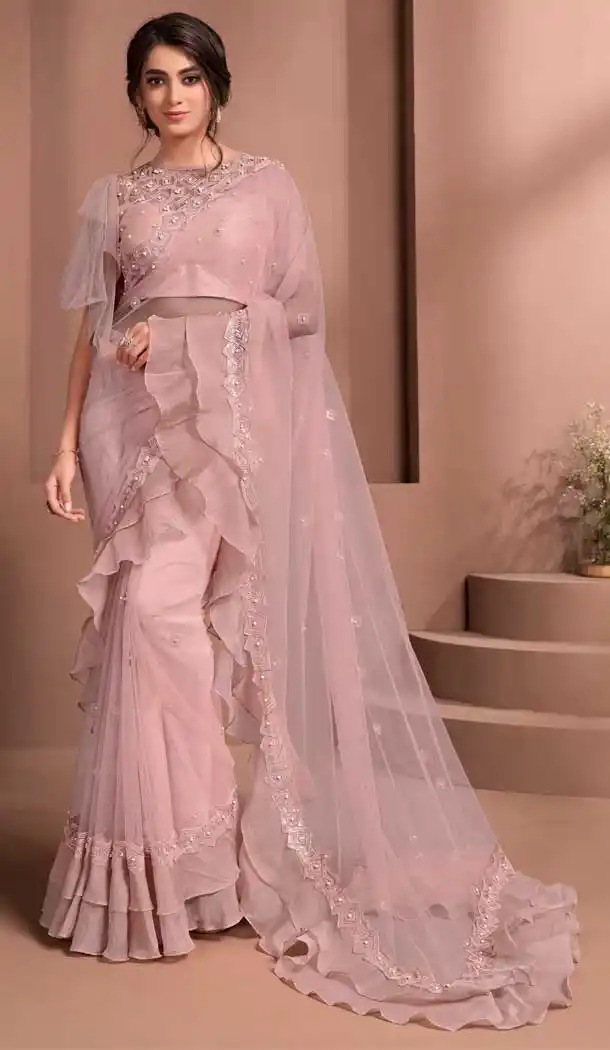 Baby Pink Color Net Embroidered Party Wear Saree Blouse -1064126987