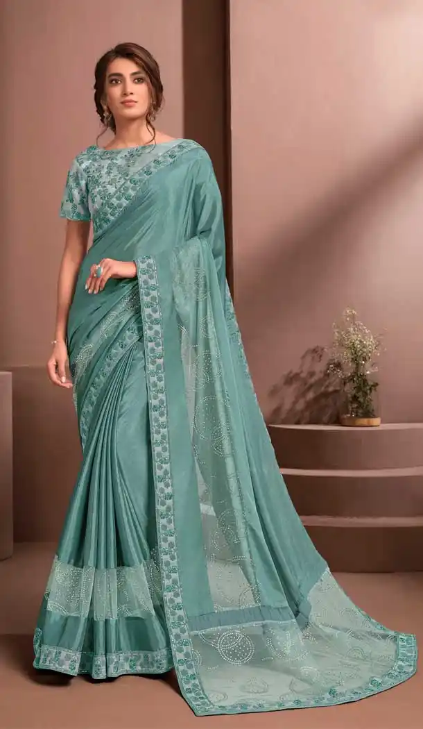 Aqua Color Silk Chiffon Embroidered Party Wear Saree Blouse -1064126989
