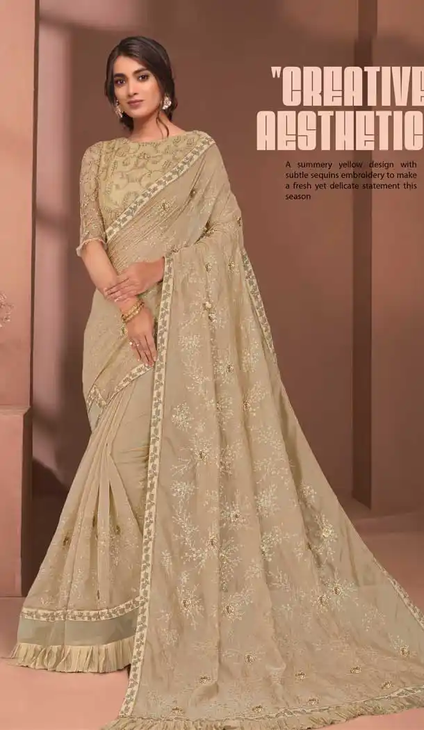 Dark Cream Color Tissue Embroidered Party Wear Saree Blouse -1064126995