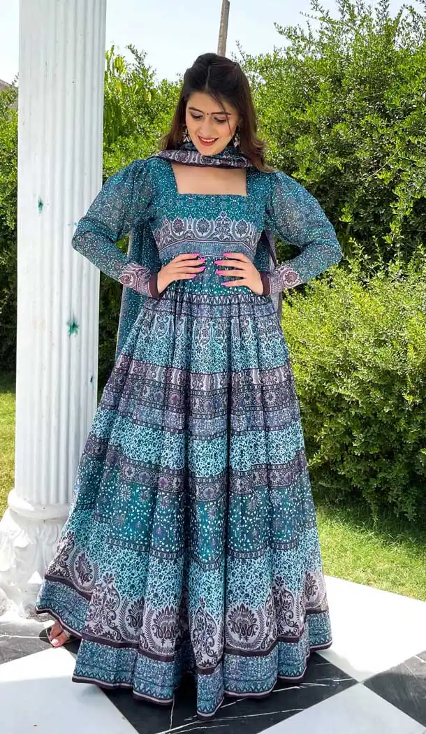 Sky Blue Color Chanderi Designer Festive Wear Readymade Aanarkali Suit -1075127199