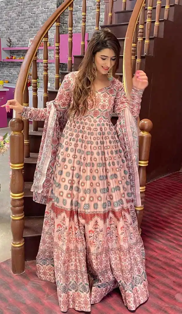 Peach Color Chanderi Designer Festive Wear Readymade Aanarkali Suit -1075127200