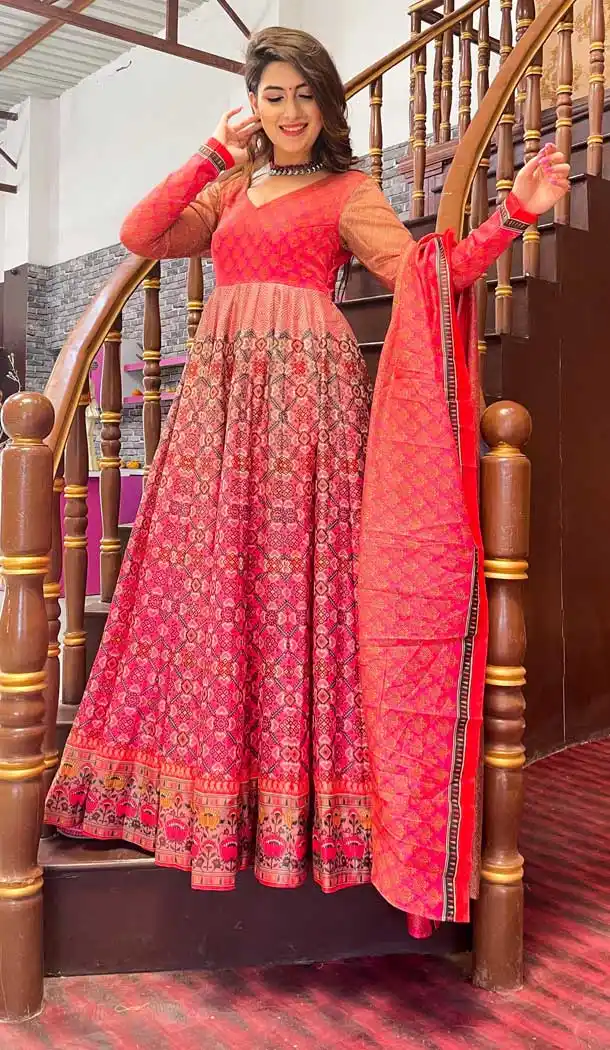 Red Pink Color Chanderi Designer Festive Wear Readymade Aanarkali Suit -1075127201